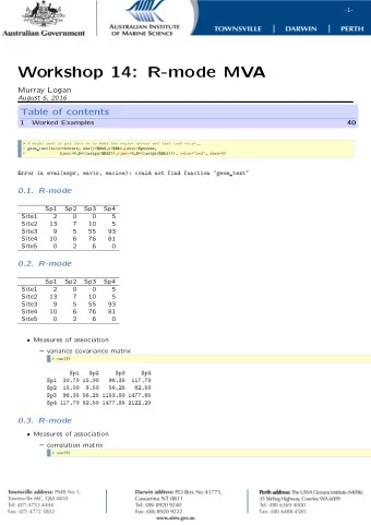 Workshop 14: R-mode MVA  Murray Logan  August 6, 2016  Table of contents  1  Worked Examples  40