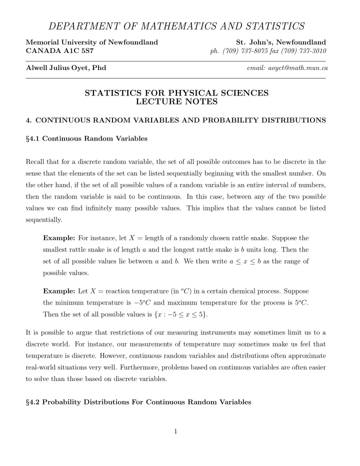 department of mathematics and statistics