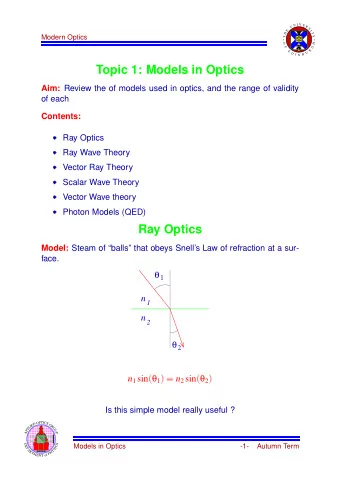 Topic 1: Models in Optics Aim: Review the of models used in optics, and the range of validity  of
