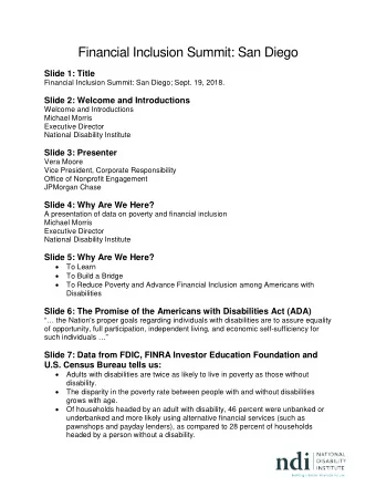 Financial Inclusion Summit: San Diego  Slide 1: Title  Financial Inclusion Summit: San Diego; Sept.