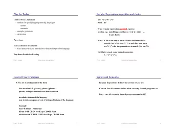 Plan for Today  Regular Expressions: repetition and choice  Context Free Grammars  let :  a |