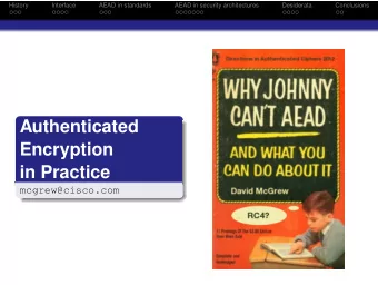 Authenticated  Encryption  in Practice  mcgrew@cisco.com  History  Interface  AEAD in standards