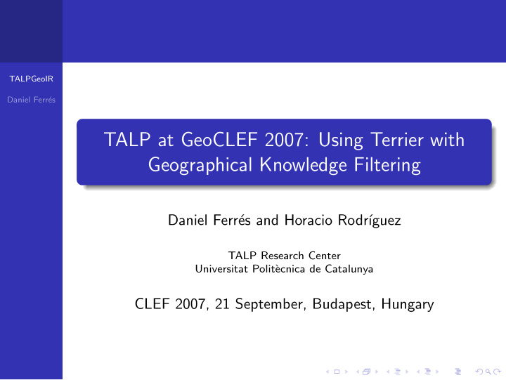 talp at geoclef 2007 using terrier with geographical