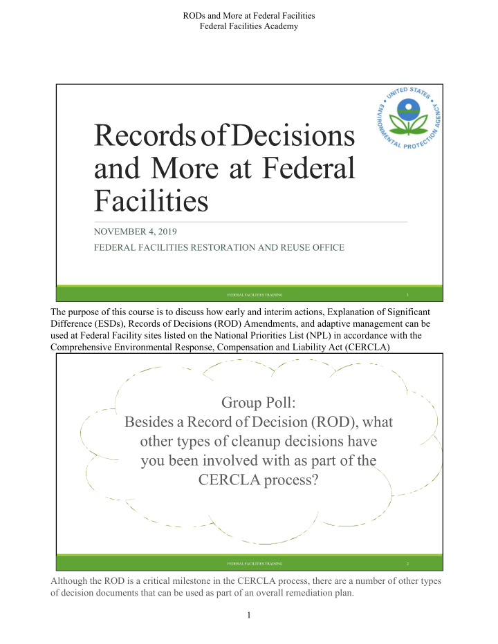 records of decisions and more at federal facilities