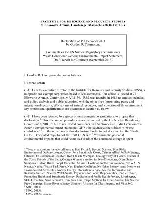 INSTITUTE FOR RESOURCE AND SECURITY STUDIES  27 Ellsworth Avenue, Cambridge, Massachusetts 02139,