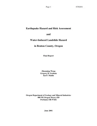 Earthquake Hazard and Risk Assessment  and  Water-Induced Landslide Hazard  in Benton County,