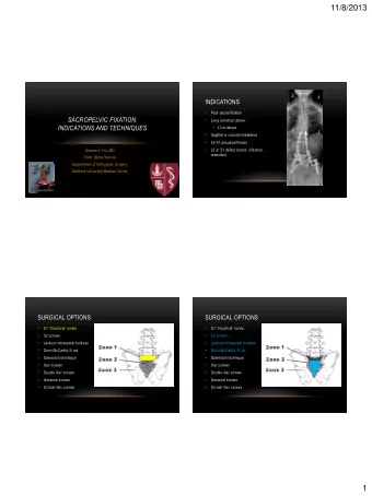 11/8/2013  INDICATIONS    Poor sacral fixation  SACROPELVIC FIXATION:    Long construct above