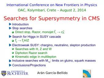 Searches for Supersymmetry in CMS  Introduction  Stop searches  ~  ~ Direct stop, Razor, monojet t