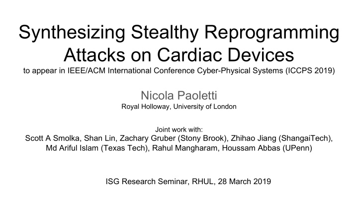synthesizing stealthy reprogramming attacks on cardiac