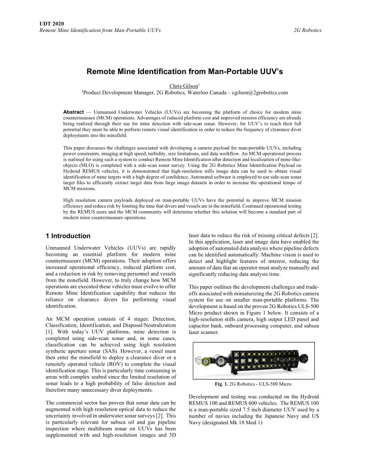 remote mine identification from man portable uuv s
