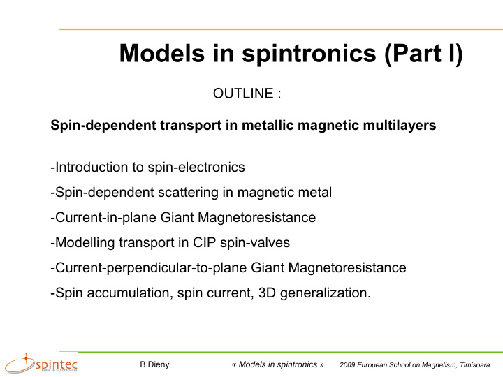 models in spintronics part i