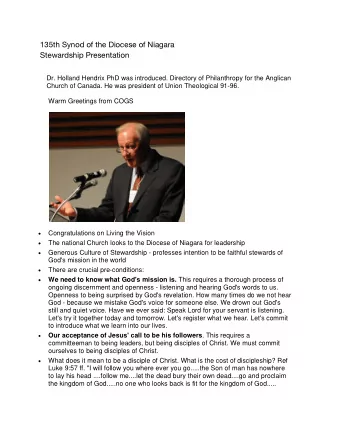 135th Synod of the Diocese of Niagara  Stewardship Presentation  Dr. Holland Hendrix PhD was