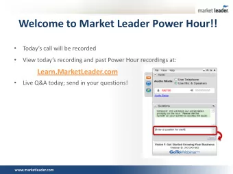 Welcome to Market Leader Power Hour!!   Todays call will be recorded   View todays