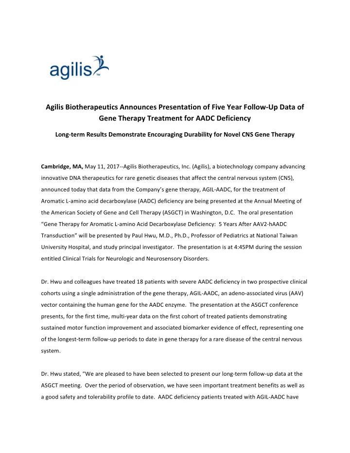 agilis biotherapeutics announces presentation of five