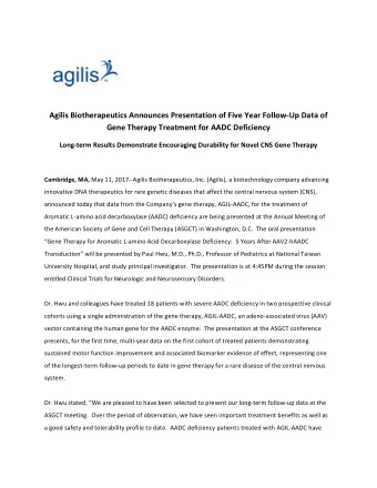 Agilis  Biotherapeutics  Announces  Presentation  of  Five  Year
