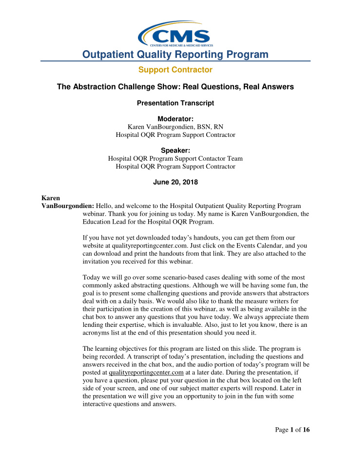 outpatient quality reporting program