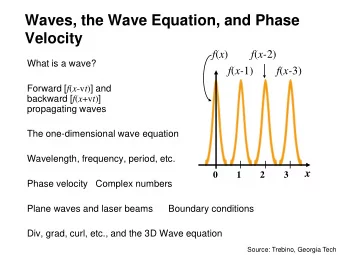Waves, the Wave Equation, and Phase  Velocity f ( x ) f ( x- 2)  What is a wave? f ( x- 1) f ( x-