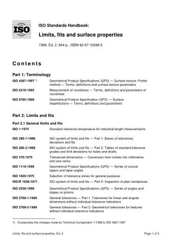 Limits, fits and surface properties  1999, Ed. 2, 844 p., ISBN 92-67-10288-5  C o n t e n t s  Part