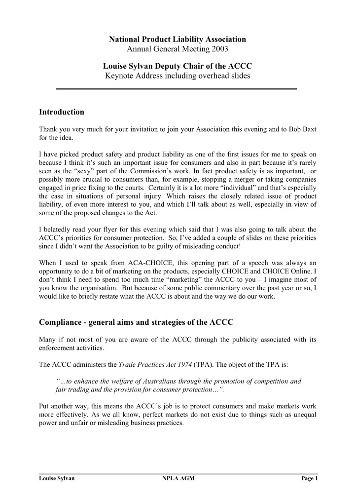 national product liability association annual general