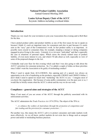 National Product Liability Association  Annual General Meeting 2003  Louise Sylvan Deputy Chair of