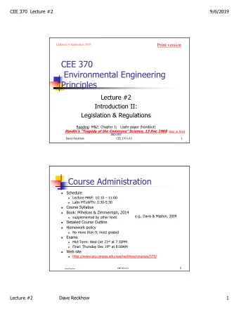 CEE 370  Environmental Engineering  Principles  Lecture #2  Introduction II:  Legislation &amp;