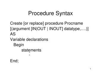 Procedure Syntax  Create [or replace] procedure Procname  [(argument [IN|OUT | INOUT]