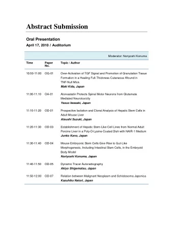Abstract Submission  Oral Presentation April 17, 2010  Auditorium Moderator: Noriyoshi Konuma