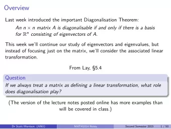 Overview  Last week introduced the important Diagonalisation Theorem: An n  n matrix A is