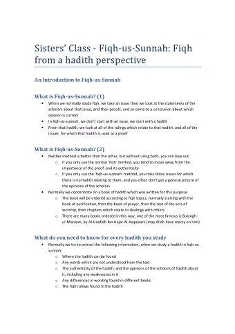 Sisters Class - Fiqh-us-Sunnah: Fiqh  from a hadith perspective  An Introduction to