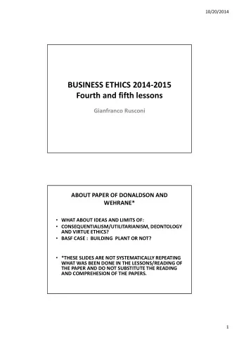 BUSINESS ETHICS 2014-2015  Fourth and fifth lessons  Gianfranco Rusconi  ABOUT PAPER OF DONALDSON