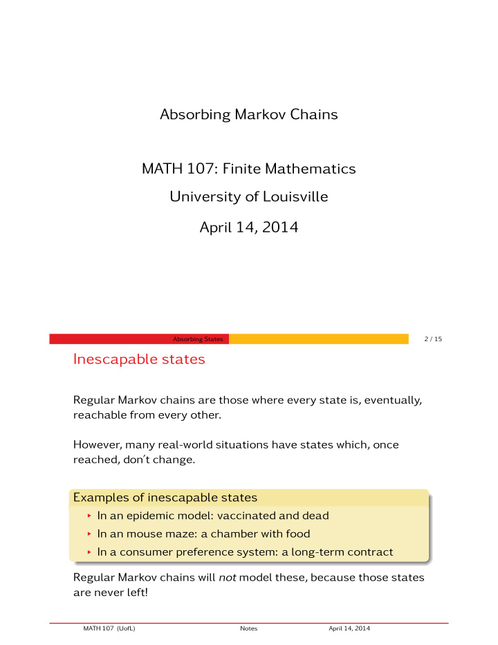 absorbing markov chains math 107 finite mathematics