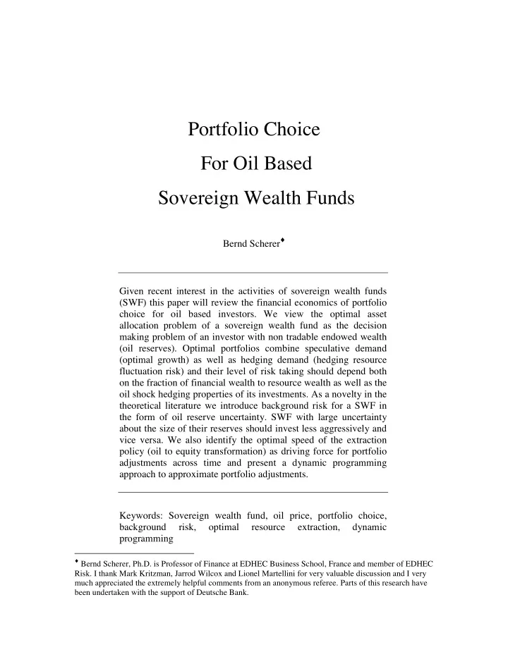portfolio choice for oil based sovereign wealth funds
