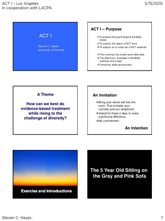 ACT I  To present the psychological flexibility  model  To explore the space of ACT work