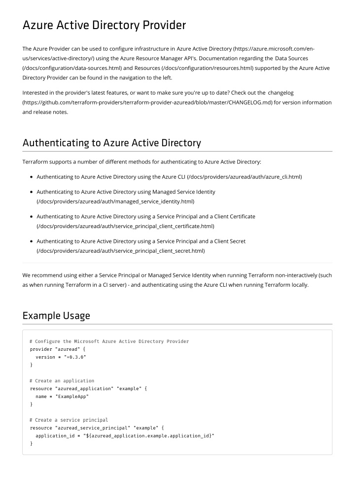 azure active directory provider