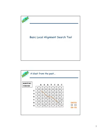 Basic Local Alignment Search Tool  A blast from the past...  AGATCAC  A  G  A  T  C  A  C  CGACAG