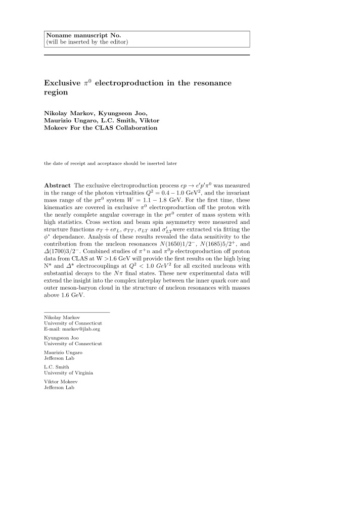 exclusive 0 electroproduction in the resonance region