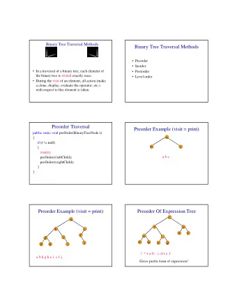 Binary Tree Traversal Methods   Preorder   Inorder   In a traversal of a binary tree, each