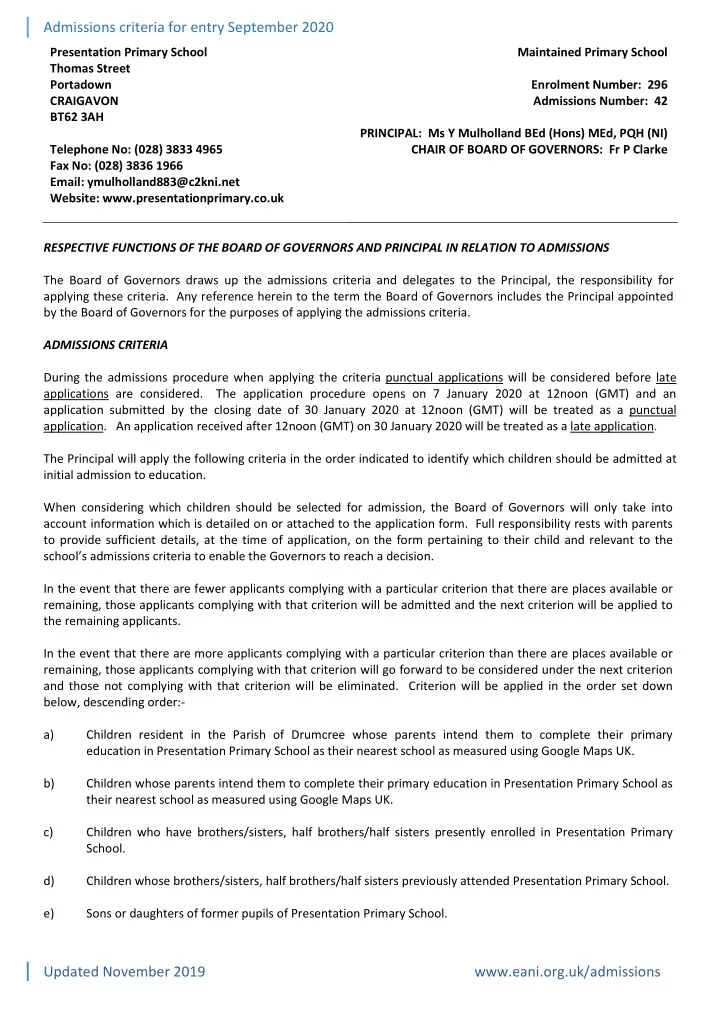 admissions criteria for entry september 2020