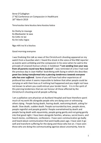 Anne OCallaghan 1 st NZ Conference on Compassion in Healthcare 16 th March 2019  Tena koutou