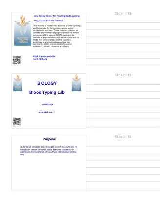 BIOLOGY  Blood Typing Lab  Inheritance  www.njctl.org  http:/ / njc.tl/ 6  Slide 3 / 13  Purpose