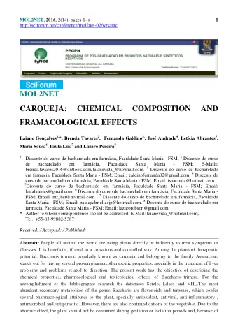 MOL2NET  CARQUEJA:  CHEMICAL  COMPOSITION  AND  FRAMACOLOGICAL EFFECTS Laiane Gonalves 1, *,