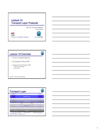 Lecture 10:  Transport Layer Protocols  CSE 123: Computer Networks  Chris Kanich Project 2 out;