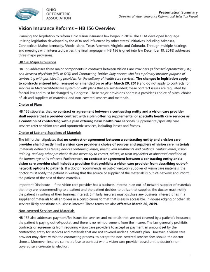 vision insurance reforms hb 156 overview