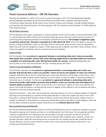 Vision Insurance Reforms  HB 156 Overview  Planning and legislation to reform Ohio vision