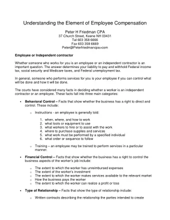 Understanding the Element of Employee Compensation  Peter H Friedman CPA  37 Church Street, Keene