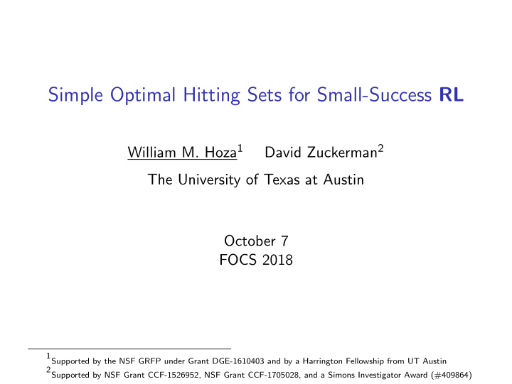 simple optimal hitting sets for small success rl