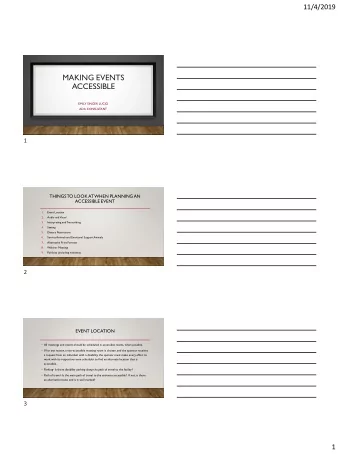 MAKING EVENTS  ACCESSIBLE  EMILY SINGER LUCIO  ADA CONSULTANT  1  THINGS  TO LOOK AT  WHEN PLANNING