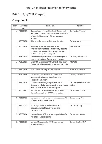DAY 1: 11/8/2018 (1-2pm)  Computer 1  Sl.No  Abstract  Poster Title  Presenter  .  No. 1. 1