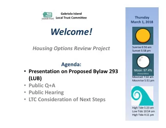 Welcome!  Housing Options Review Project  Sunrise 6:56 am  Sunset 5:58 pm  Agenda:  Presentation