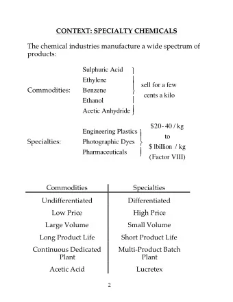 CONTEXT: SPECIALTY CHEMICALS  The chemical industries manufacture a wide spectrum of  products: